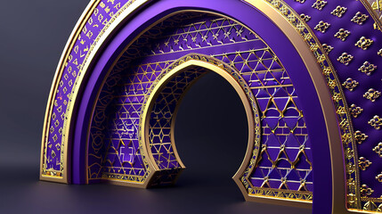 Royal Purple and Gold Islamic Arch A majestic 3D realistic Islamic arch in royal purple and gold, featuring detailed geometric patterns.