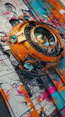 Capture a high-angle view of futuristic technologies merging seamlessly with vibrant street art