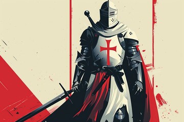 Obraz premium A minimalist illustration of Templar knights, utilizing clean lines and sparse details to portray the essence of their order and chivalry, capturing the iconic imagery of knights in armor
