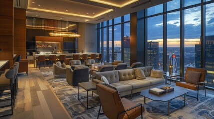 A modern, elegant lounge with plush seating and a sleek bar set against large windows offering a breathtaking view of the cityscape at sunset.