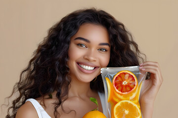 Beautiful woman in her 20s with no makeup holding IV vitamin bag with orange slices, promotion hydration and wellness of IV hydration on light background in a studio