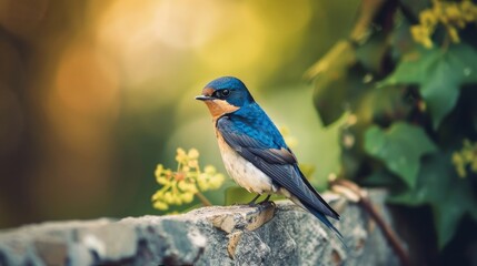 A rearview of a blue swallow bird perched on a stone wall