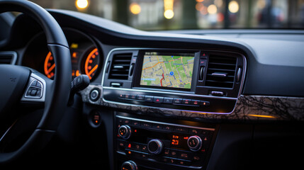 Car Interior with GPS Navigation System Display and Modern Dashboard