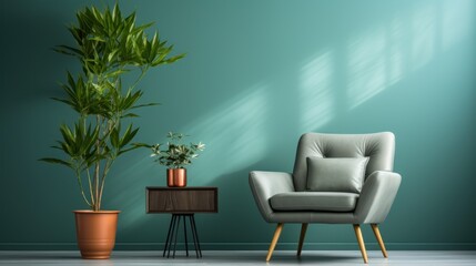 Stylish Green Armchair Against Blue Wall with Plants in Modern Living Room