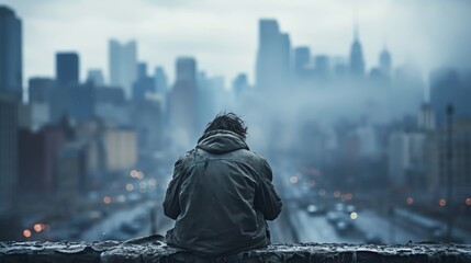 Homeless person with sign, close up, focus on face, copy space, poignant muted tones, Double exposure silhouette with city skyline