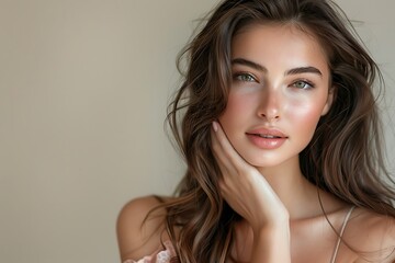 Naklejka premium Skincare Commercial Model Posing with Hand on Face, Light Pink Background, Long Hair in Half-Up Style, Natural Makeup, Soft Lighting, High Resolution Professional Studio Portrait