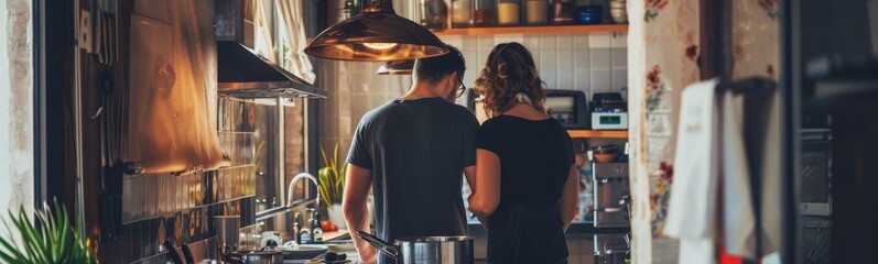 Two people standing in a kitchen together. Food background 