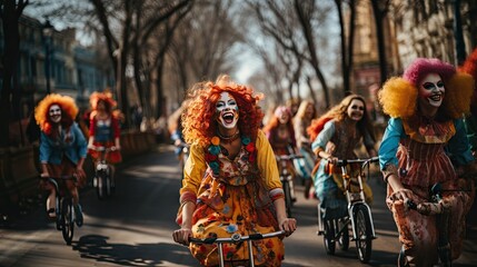 Cheerful Clowns Riding Bicycles In A Parade On A City Street - Powered by Adobe