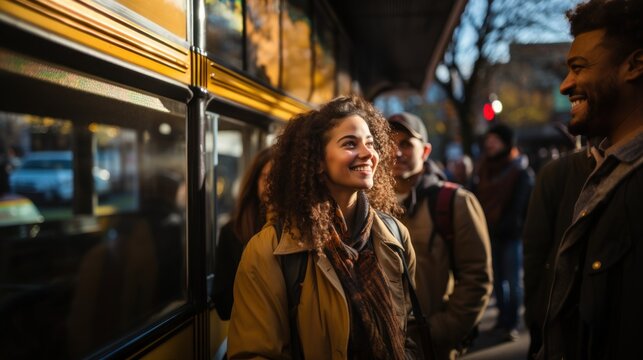 Multiracial Passengers Waiting at a Bus Stop, Smiling and Enjoying Conversation - Powered by Adobe