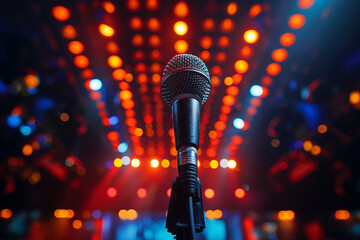 Candidates delivering passionate speeches to a diverse audience during a campaign event .Audio equipment on stage under spotlight for music artist performance