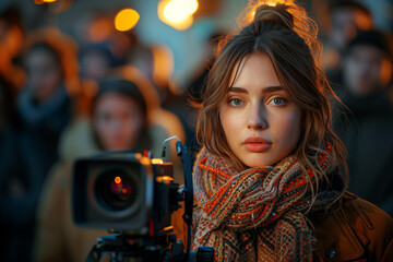 Candidates delivering passionate speeches to a diverse audience during a campaign event .A woman is holding a camera in front of a crowd of people