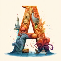 Alphabet A, hand drawn vector illustration in watercolor style.