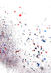 Festive background with confetti in the shape of stars in the color of the American flag.