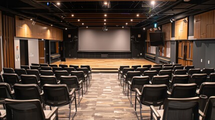 Rows of chairs fill an auditorium facing a projection screen at the front. The stage is set for presentations or events.
