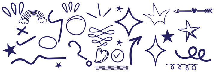 Hand drawn blue highlight, text underline, emphasis mark, line shape set. Hand drawn scribble arrow, love heart, speech bubble, crown element. Marker, pen brush stroke. Vector illustration