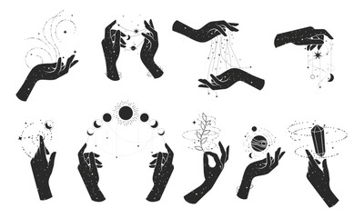 Wizardry and mysticism, fortune-telling, hands of witch practicing witchcraft,  magic spells and sorcery of divination, vector © gomixer