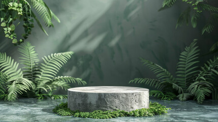 Obraz premium 3d render of empty podium stone pedestal, background for product presentation, Mock up stage on green background with fern and moss, abstract minimal mockup scene
