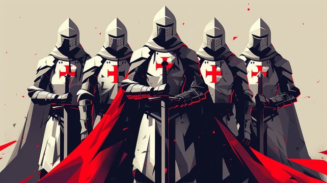 A minimalist illustration of Templar knights, utilizing clean lines and sparse details to portray the essence of their order and chivalry, capturing the iconic imagery of knights in armor