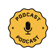 Vintage podcast logo with a microphone icon and text