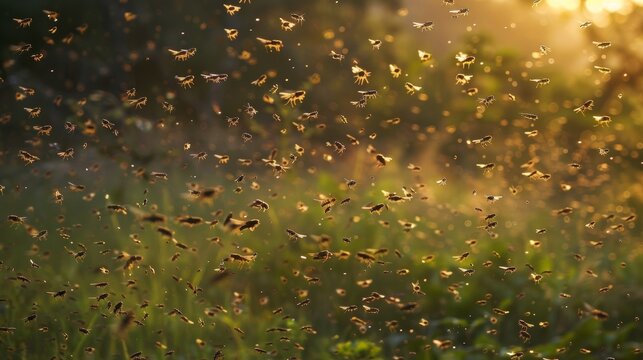A massive swarm of locusts moving across a grassland their synchronized flight resembling a dark cloud.