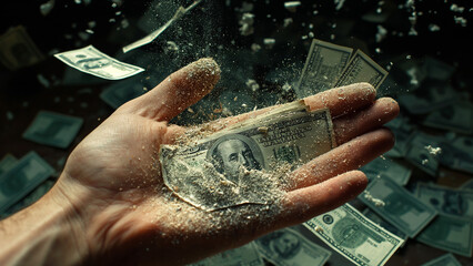 Money notes on a human hand gradually turn into particles and disappear, representing the impact of taxes, inflation, or the cost of living on income.