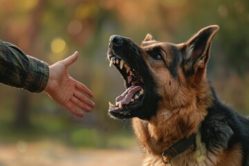 Aggressive dog bites, german shepherd attacks a man and bites his hand, training pets, rabid animals