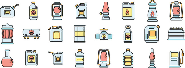 Kerosene icons set outline vector. Energy container. Fuel heater thin line color flat on white