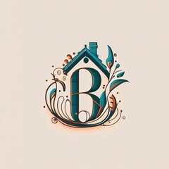 Vector illustration of letter B in the shape of a house with floral ornament.
