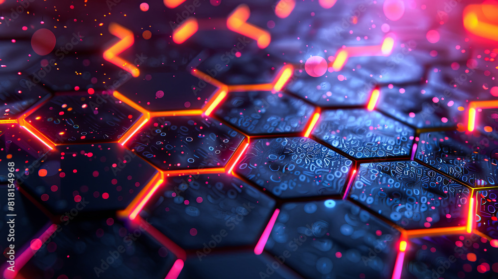 Poster abstract technology background with hexagons and glowing lines. 3d rendering