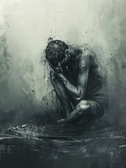 A man is sitting in a pool of water, looking down and crying