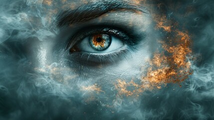 Naklejka premium A close-up view of a womans eye with bright flames burning fiercely in the background, creating a powerful and dramatic image