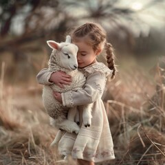 Little girl hugging lamb on farm, cute baby lamb in child arms, preschool zoological education