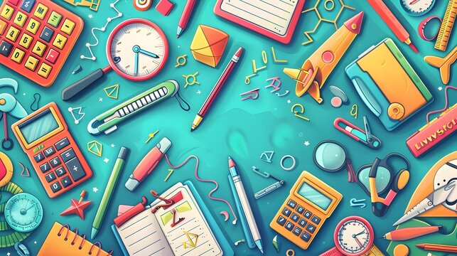 Assorted Office and School Supplies on a Vibrant Turquoise Background