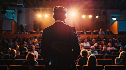 Motivational speaker standing on stage in front of audience for motivational speech on business event