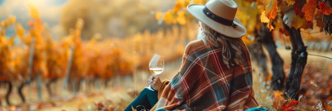 Wine tasting, wine tour, winetasting, woman in poncho drinking white wine, female vintner - Powered by Adobe