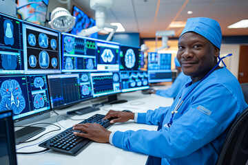 african american male doctor or radiologist in a blue lab coat is smiling at camera while sitting at a computer monitors in hospital - Powered by Adobe