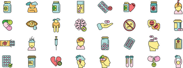 Antidepressant icons set outline vector. Family health. Sad mental thin line color flat on white