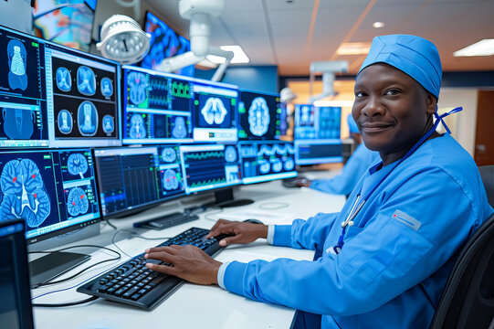african american male doctor or radiologist in a blue lab coat is smiling at camera while sitting at a computer monitors in hospital