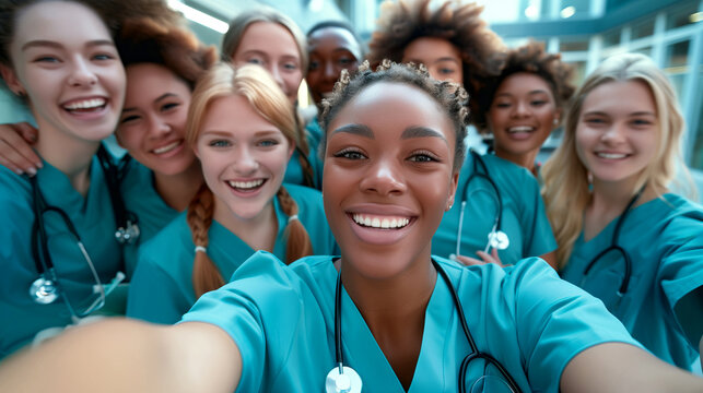 close up of Multi-ethnic group of happy nurses and physician students taking selfie photo at medical hospital university