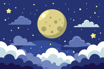 Night starry sky with full moon and cloud. Vector background with cloudy sky, moonlight vector