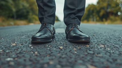 The businessman walks on the road go to work. Close-up of shoes walking. Life style. Office working