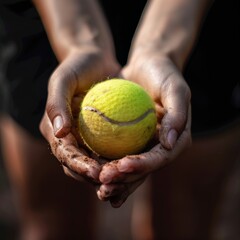 Tennis ball in hands closeup, sportswoman preparing to serve tennis ball at court, closeup