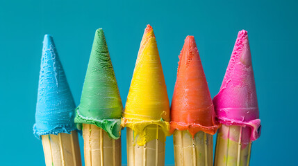 Coloful creamy Ice cream cone on a blue background, sweet dessert