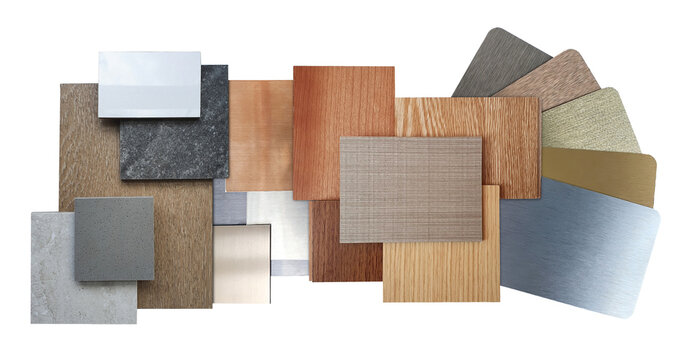 combination of multi colors of wooden veneer, stainless metallic, stone cramic tile, laminated samples isolated on background with clipping path. interior mood and tone board for selection, panorama.