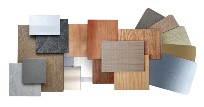 combination of multi colors of wooden veneer, stainless metallic, stone cramic tile, laminated samples isolated on background with clipping path. interior mood and tone board for selection, panorama.