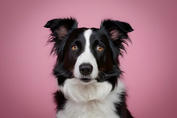Fototapeta premium Eyes and nose of attentive Border Collie standout against soft pink background