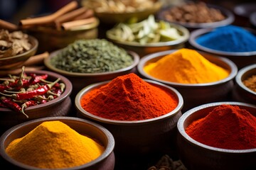 Fototapeta premium Vibrant Exotic Spice Market A Top View of a Diverse Global Trade Center