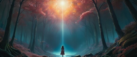 Obraz premium A young girl stands alone in a mystical autumn forest with vibrant red trees and a mysterious light ahead.