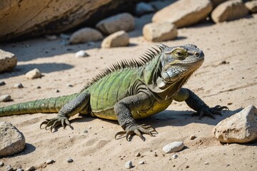 Obraz premium High angle of wild iguana crawling on sandy ground with rocks in daylight