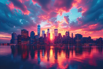 Fototapeta premium Sunset Symphony: Urban Vibrance in Twilight